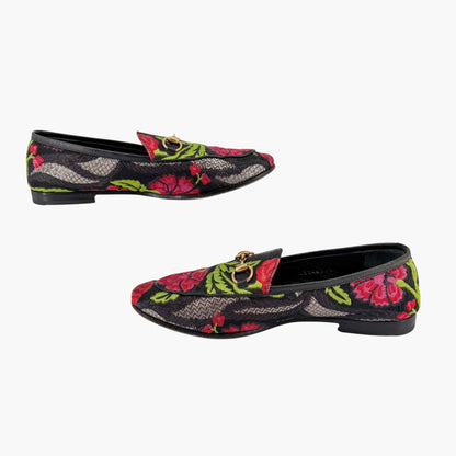 Gucci Black Floral Brocade Jordaan Horsebit Loafers Size 37