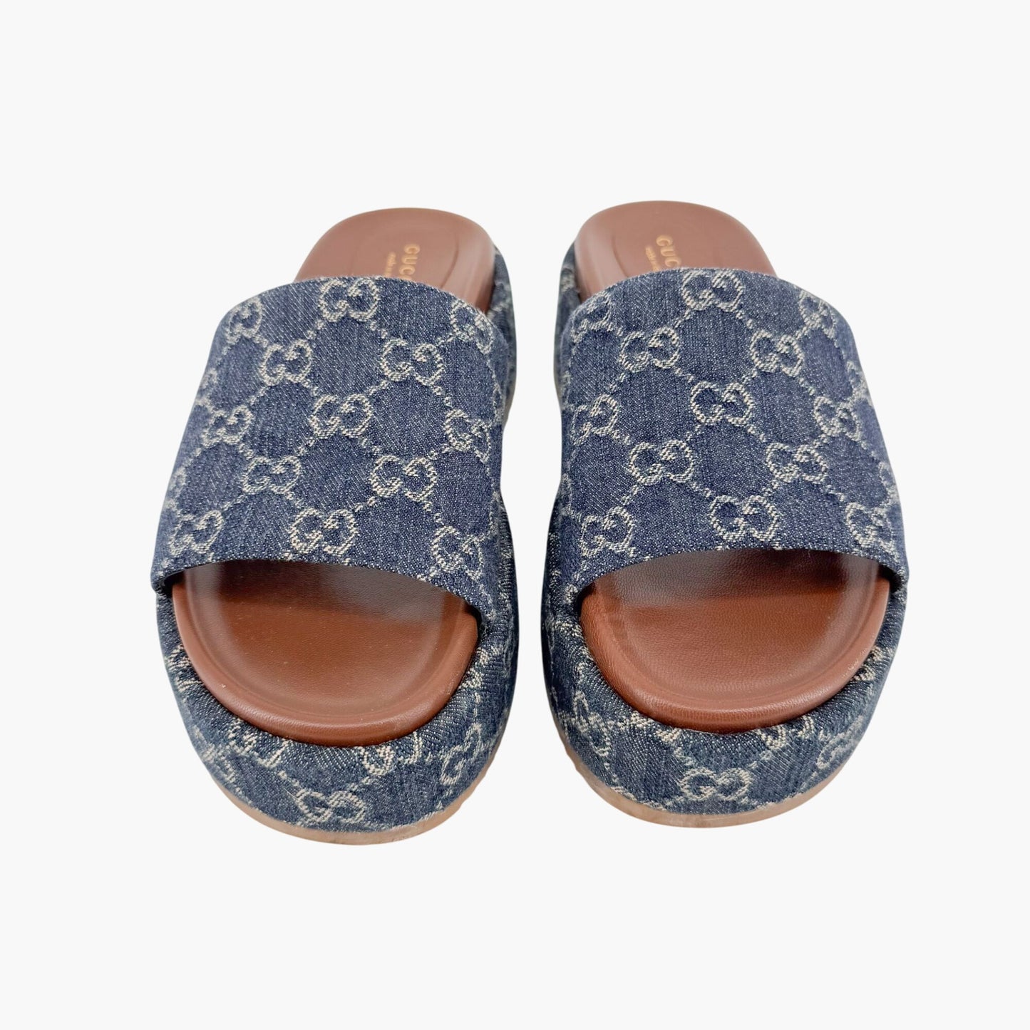 Gucci Angelina Platform Slide Sandals in Blue GG Monogram Denim Size 38.5