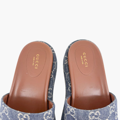 Gucci Angelina Platform Slide Sandals in Blue GG Monogram Denim Size 38.5