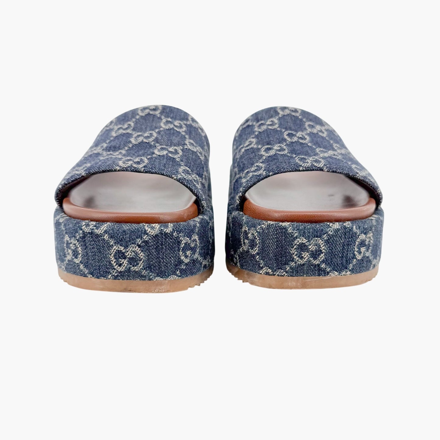 Gucci Angelina Platform Slide Sandals in Blue GG Monogram Denim Size 38.5