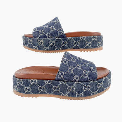 Gucci Angelina Platform Slide Sandals in Blue GG Monogram Denim Size 38.5