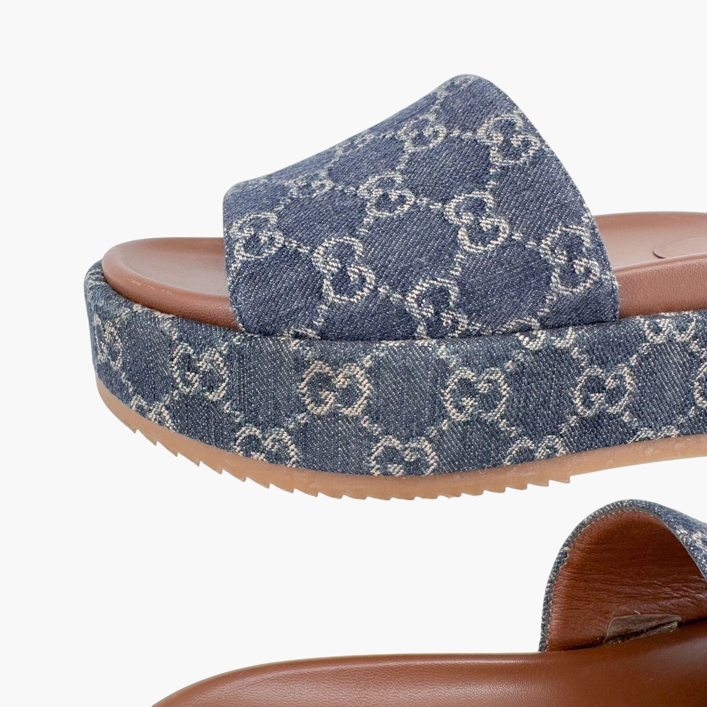 Gucci Angelina Platform Slide Sandals in Blue GG Monogram Denim Size 38.5