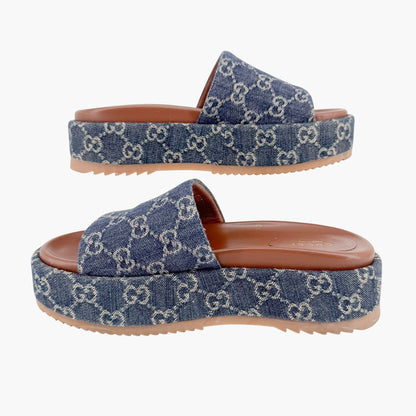 Gucci Angelina Platform Slide Sandals in Blue GG Monogram Denim Size 38.5