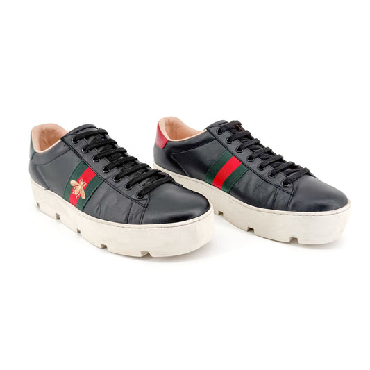 Gucci Ace Platform Sneakers in Black Leather Size 41.5