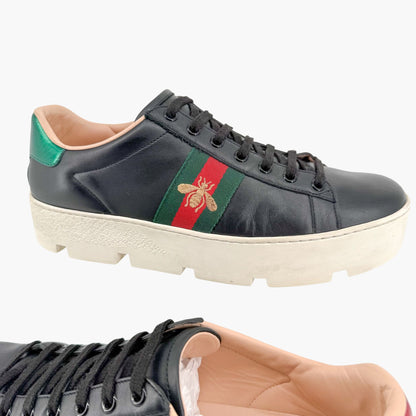 Gucci Ace Platform Sneakers in Black Leather Size 41.5