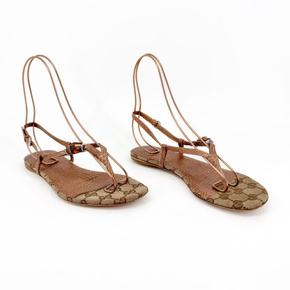 Gucci Bamboo Thong Flat Sandals in Beige GG Monogram Canvas & Brown Leather Size 36