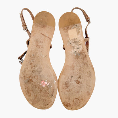 Gucci Bamboo Thong Flat Sandals in Beige GG Monogram Canvas & Brown Leather Size 36