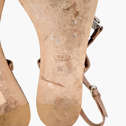 Gucci Bamboo Thong Flat Sandals in Beige GG Monogram Canvas & Brown Leather Size 36