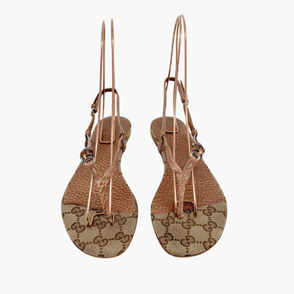 Gucci Bamboo Thong Flat Sandals in Beige GG Monogram Canvas & Brown Leather Size 36