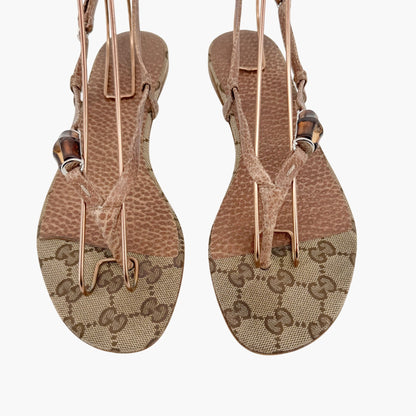 Gucci Bamboo Thong Flat Sandals in Beige GG Monogram Canvas & Brown Leather Size 36