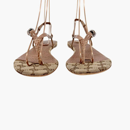 Gucci Bamboo Thong Flat Sandals in Beige GG Monogram Canvas & Brown Leather Size 36