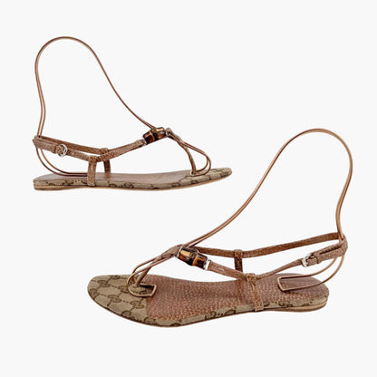 Gucci Bamboo Thong Flat Sandals in Beige GG Monogram Canvas & Brown Leather Size 36