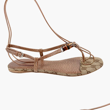 Gucci Bamboo Thong Flat Sandals in Beige GG Monogram Canvas & Brown Leather Size 36