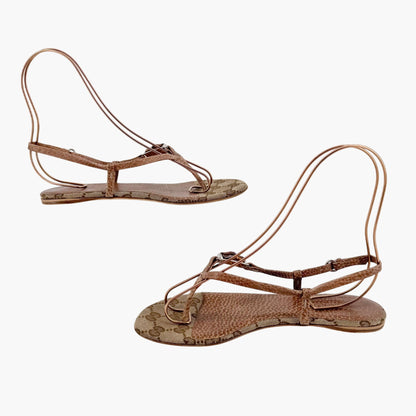 Gucci Bamboo Thong Flat Sandals in Beige GG Monogram Canvas & Brown Leather Size 36