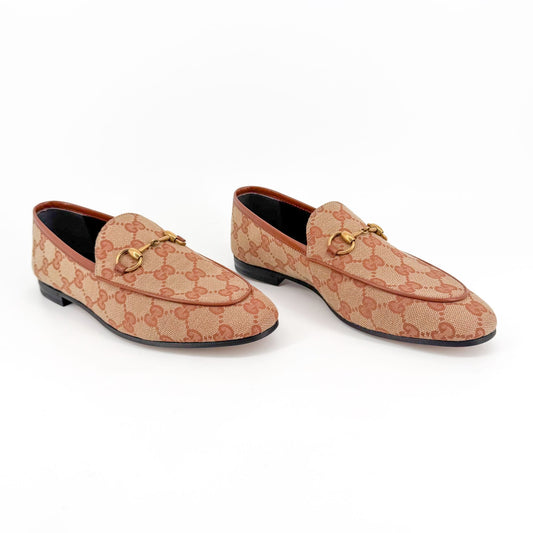 Gucci Jordaan Horsebit Loafers in Beige GG Canvas Size 37