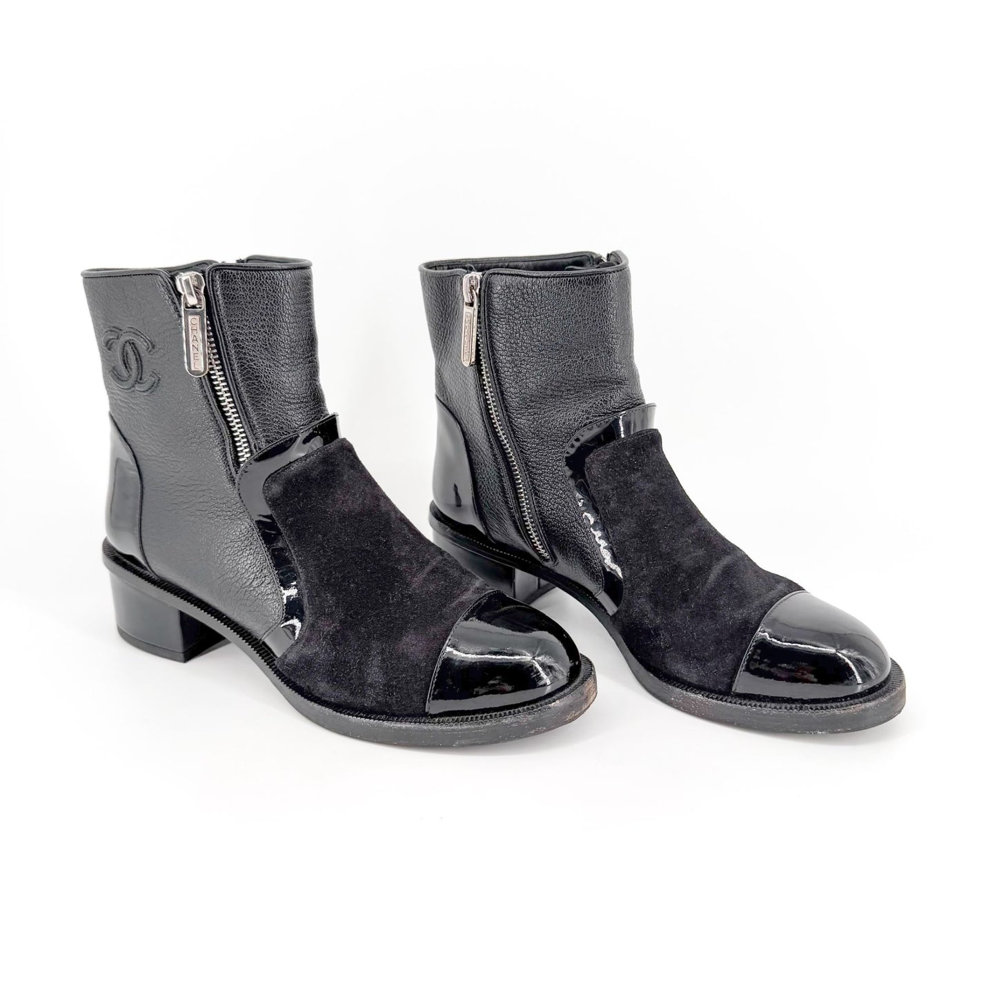Chanel Cap Toe CC Ankle Boots Black Leather Size 37.5