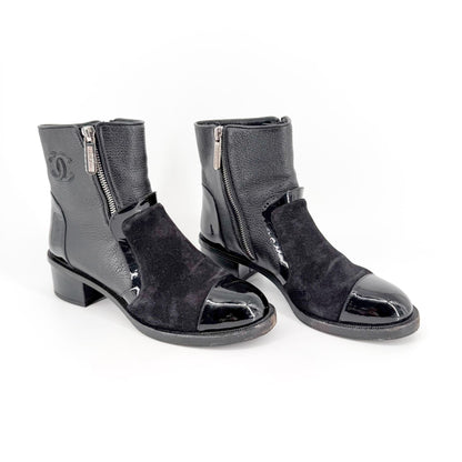Chanel Cap Toe CC Ankle Boots Black Leather Size 37.5