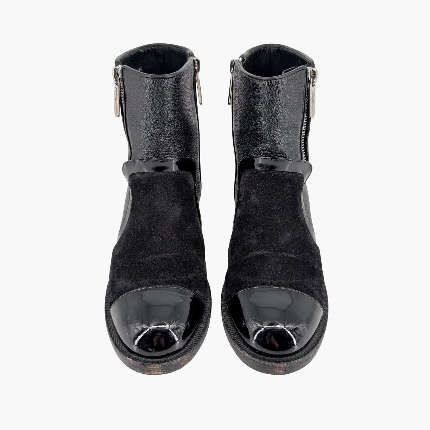 Chanel Cap Toe CC Ankle Boots Black Leather Size 37.5