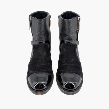 Chanel Cap Toe CC Ankle Boots Black Leather Size 37.5