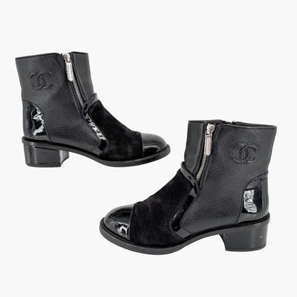 Chanel Cap Toe CC Ankle Boots Black Leather Size 37.5
