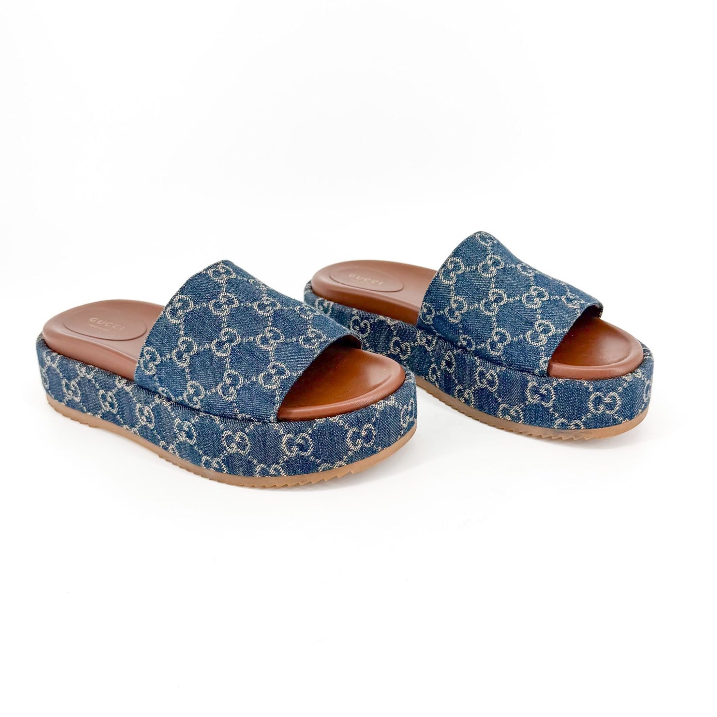 Gucci Angelina GG Denim Platform Slides in Blue Size 40