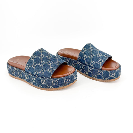 Gucci Angelina GG Denim Platform Slides in Blue Size 40