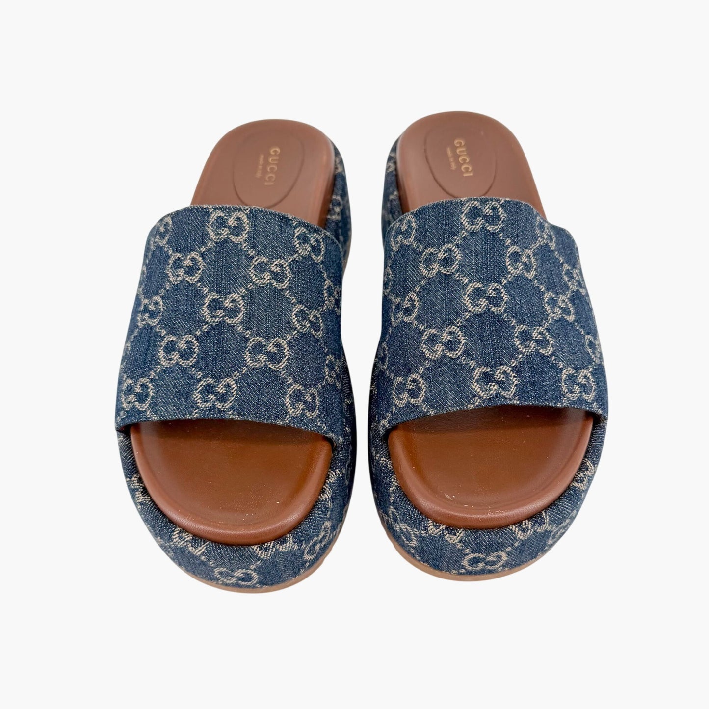 Gucci Angelina GG Denim Platform Slides in Blue Size 40