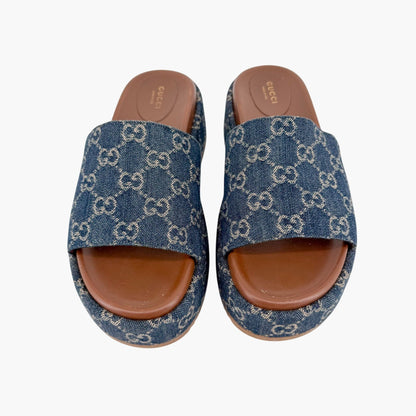 Gucci Angelina GG Denim Platform Slides in Blue Size 40