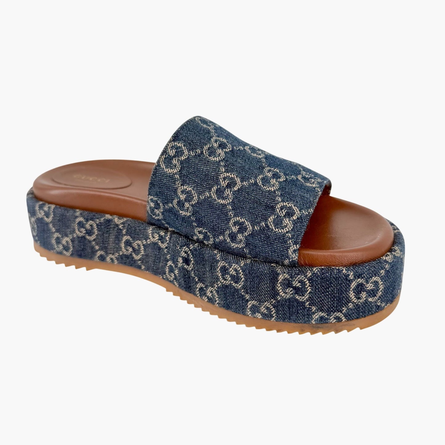 Gucci Angelina GG Denim Platform Slides in Blue Size 40