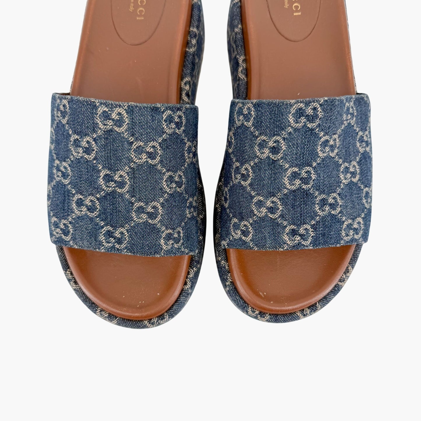 Gucci Angelina GG Denim Platform Slides in Blue Size 40