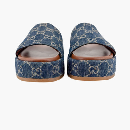 Gucci Angelina GG Denim Platform Slides in Blue Size 40