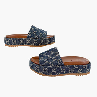 Gucci Angelina GG Denim Platform Slides in Blue Size 40