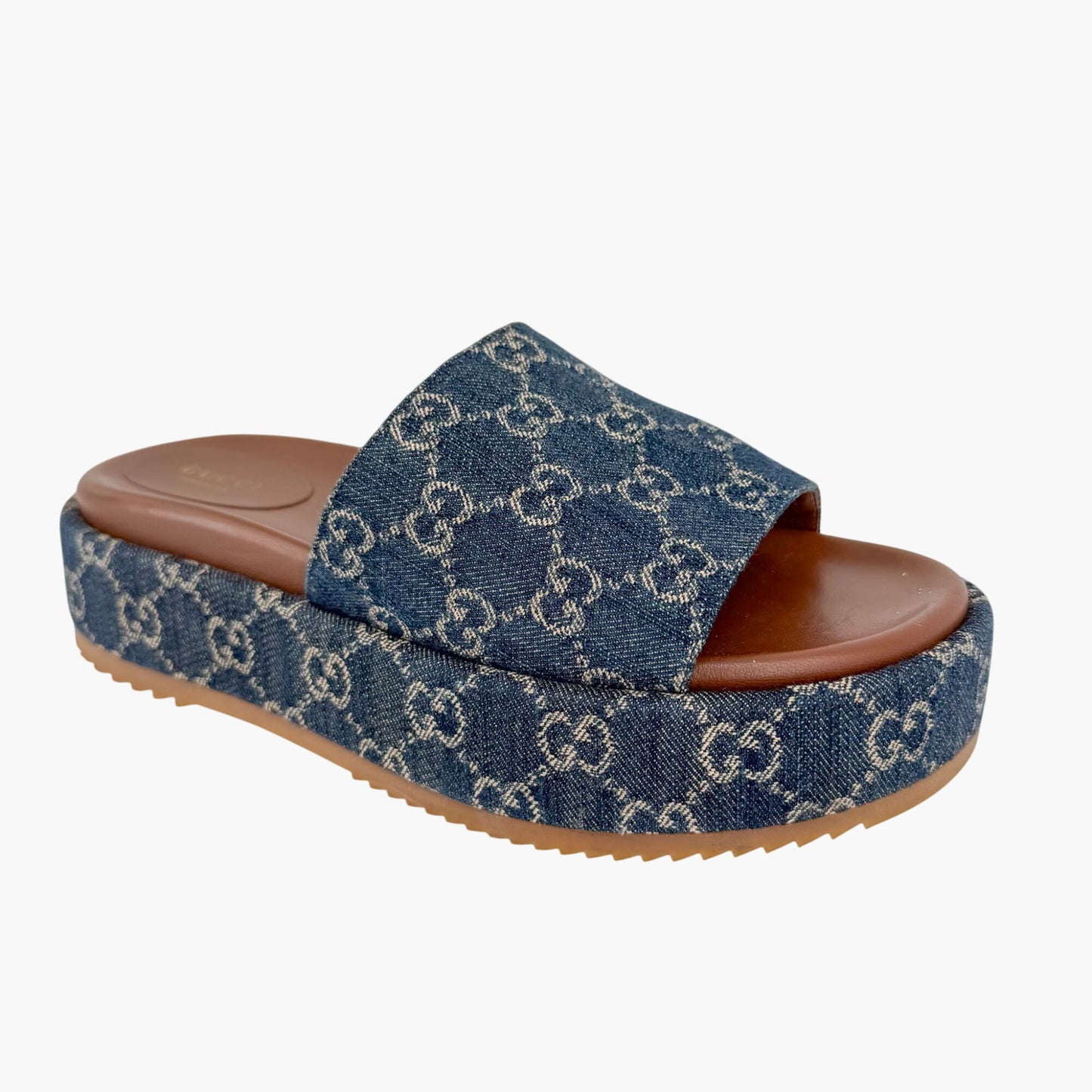 Gucci Angelina GG Denim Platform Slides in Blue Size 40