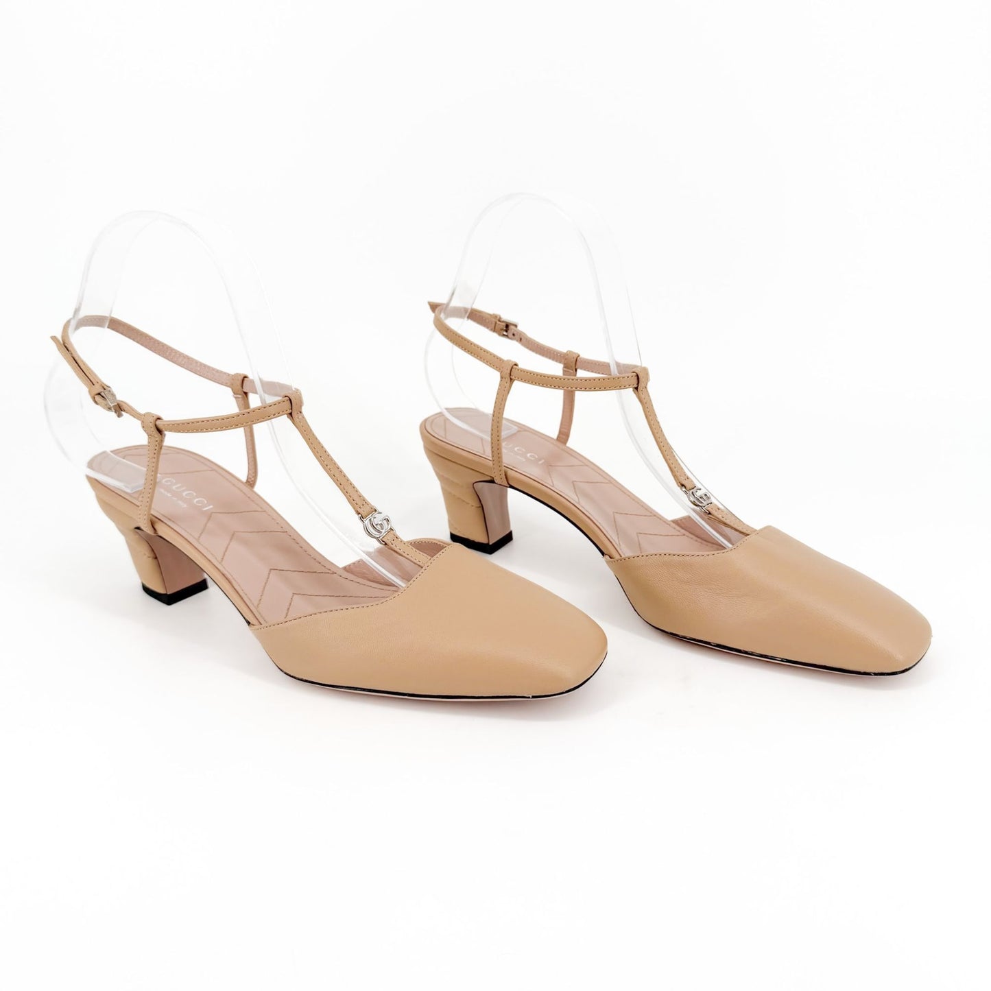 Gucci Petite GG T-Strap Pumps in Beige Leather Size 37.5