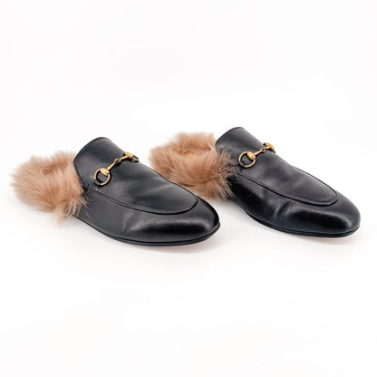 Gucci Princetown Horsebit Fur-Lined Loafer Mule in Black Leather Size 41