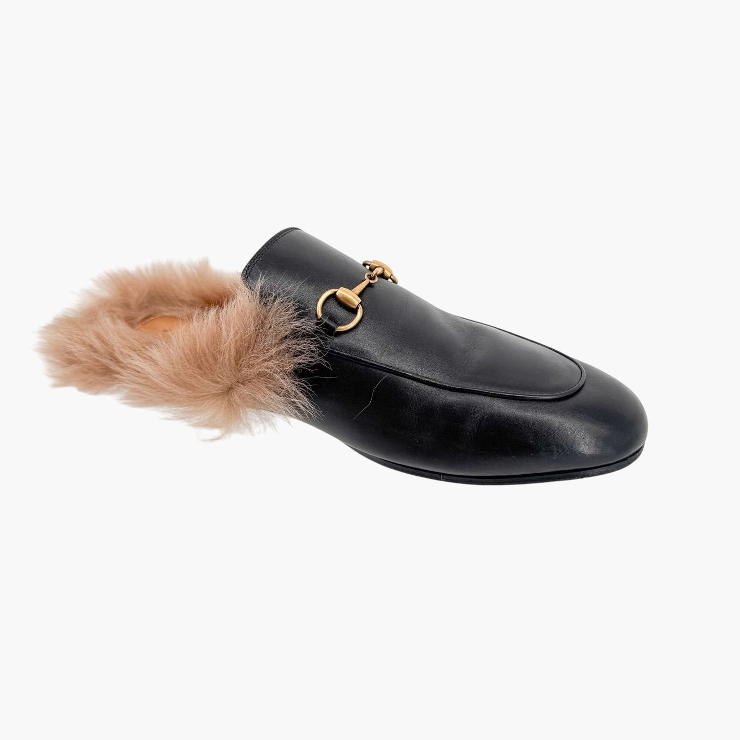 Gucci Princetown Horsebit Fur-Lined Loafer Mule in Black Leather Size 41