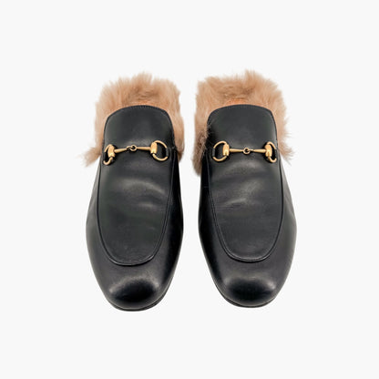 Gucci Princetown Horsebit Fur-Lined Loafer Mule in Black Leather Size 41