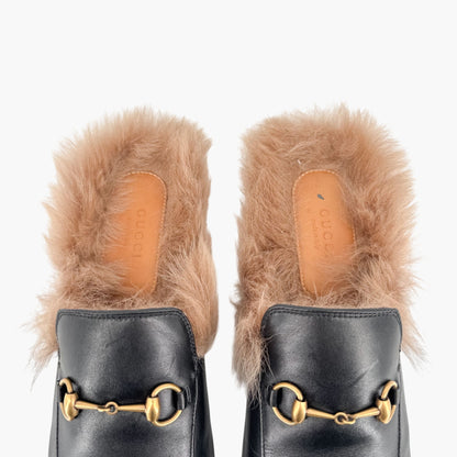 Gucci Princetown Horsebit Fur-Lined Loafer Mule in Black Leather Size 41