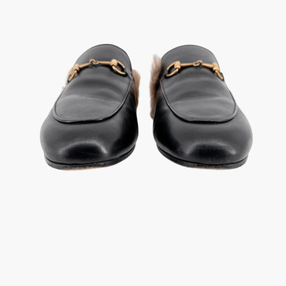 Gucci Princetown Horsebit Fur-Lined Loafer Mule in Black Leather Size 41