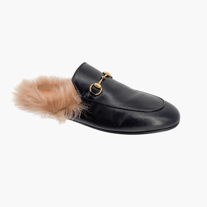 Gucci Princetown Horsebit Fur-Lined Loafer Mule in Black Leather Size 41