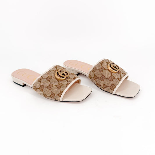 Gucci Marmont GG Jolie Slide Sandals Beige White Size 38