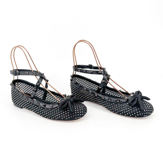 Valentino Rockstud Crystal Mesh Ballet Flats in Black – Size 37.5