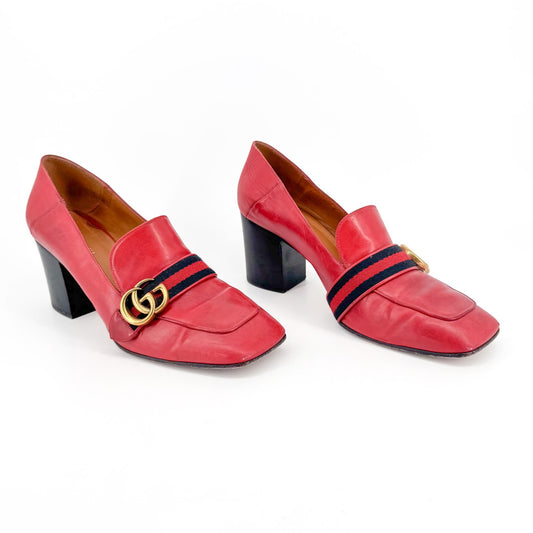 Gucci Peyton GG Web Stripe Loafer Pumps in Red Leather – Size 41.5