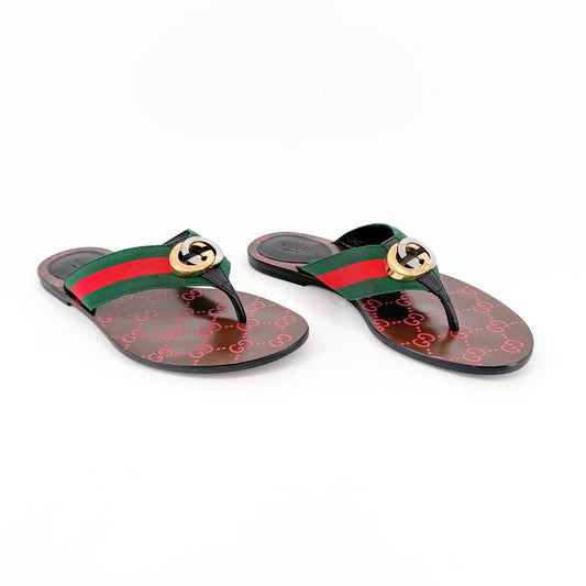 Gucci Kika Interlocking GG Flat Thong Sandals in Red & Green Web Stripe Size 38.5