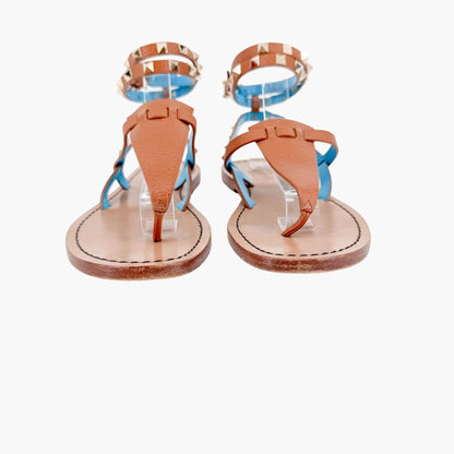 Valentino Rockstud Gladiator Thong Sandals Brown Size 38