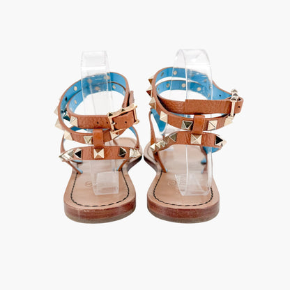 Valentino Rockstud Gladiator Thong Sandals Brown Size 38