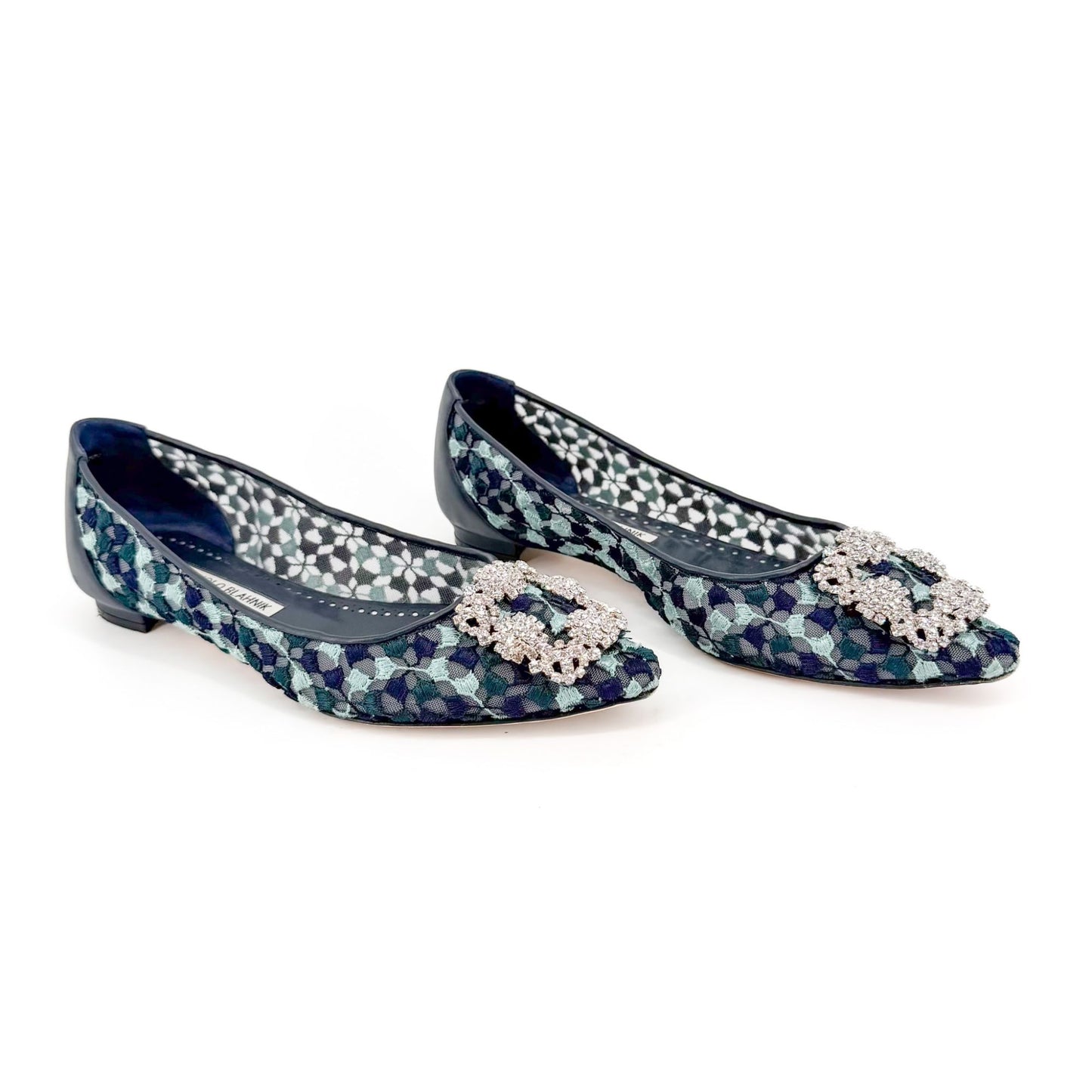 Manolo Blahnik Hangisi Crystal Ballet Flats in Blue Embroidered Mesh Size 37.5