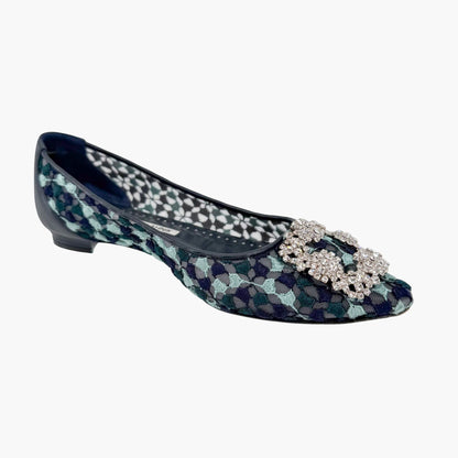 Manolo Blahnik Hangisi Crystal Ballet Flats in Blue Embroidered Mesh Size 37.5