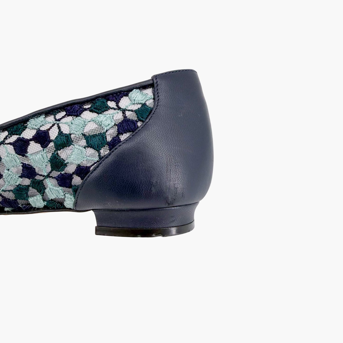 Manolo Blahnik Hangisi Crystal Ballet Flats in Blue Embroidered Mesh Size 37.5