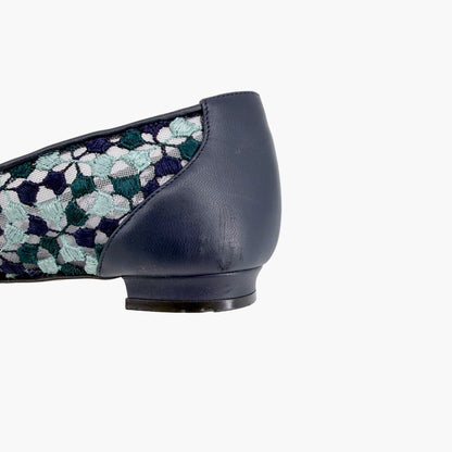 Manolo Blahnik Hangisi Crystal Ballet Flats in Blue Embroidered Mesh Size 37.5